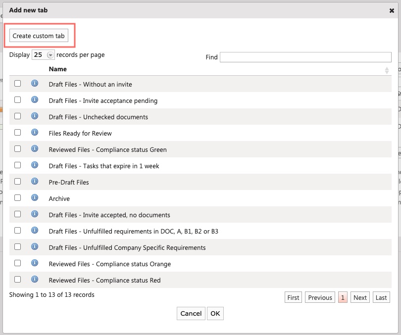 Custom tabs dialog